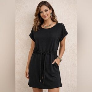 Gilli Women Black Short Sleeve Boat Neck Tie Waist Mini Dress Sz. Med